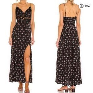 Free People Out And About Maxi Slip Dress in Black Combo Size M